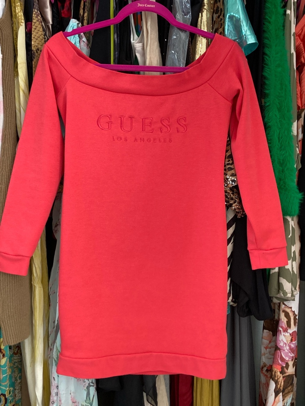 GUESS Coral Pink Embroidered Logo Boatneck Kids Dress